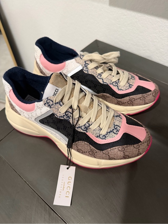 Gucci Shoes - Gucci Women’s Pink, Navy & Beige Mixed-Media Sneakers